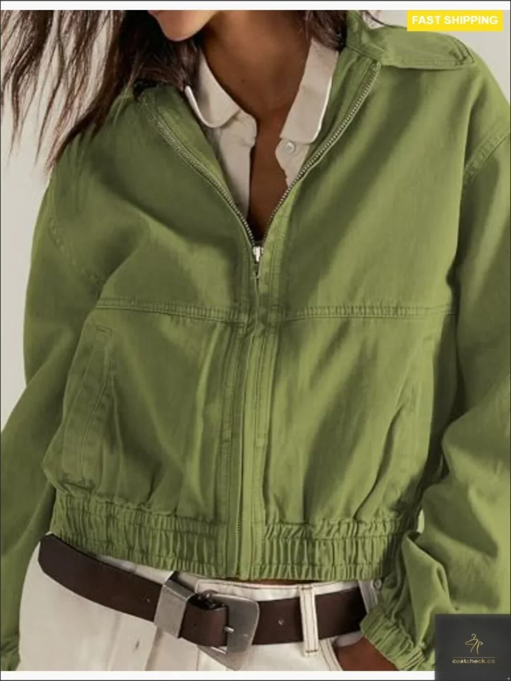 Cropped Bomber Jacket Lightweight Zip Front Pockets Long Sleeve Casual Spring_3